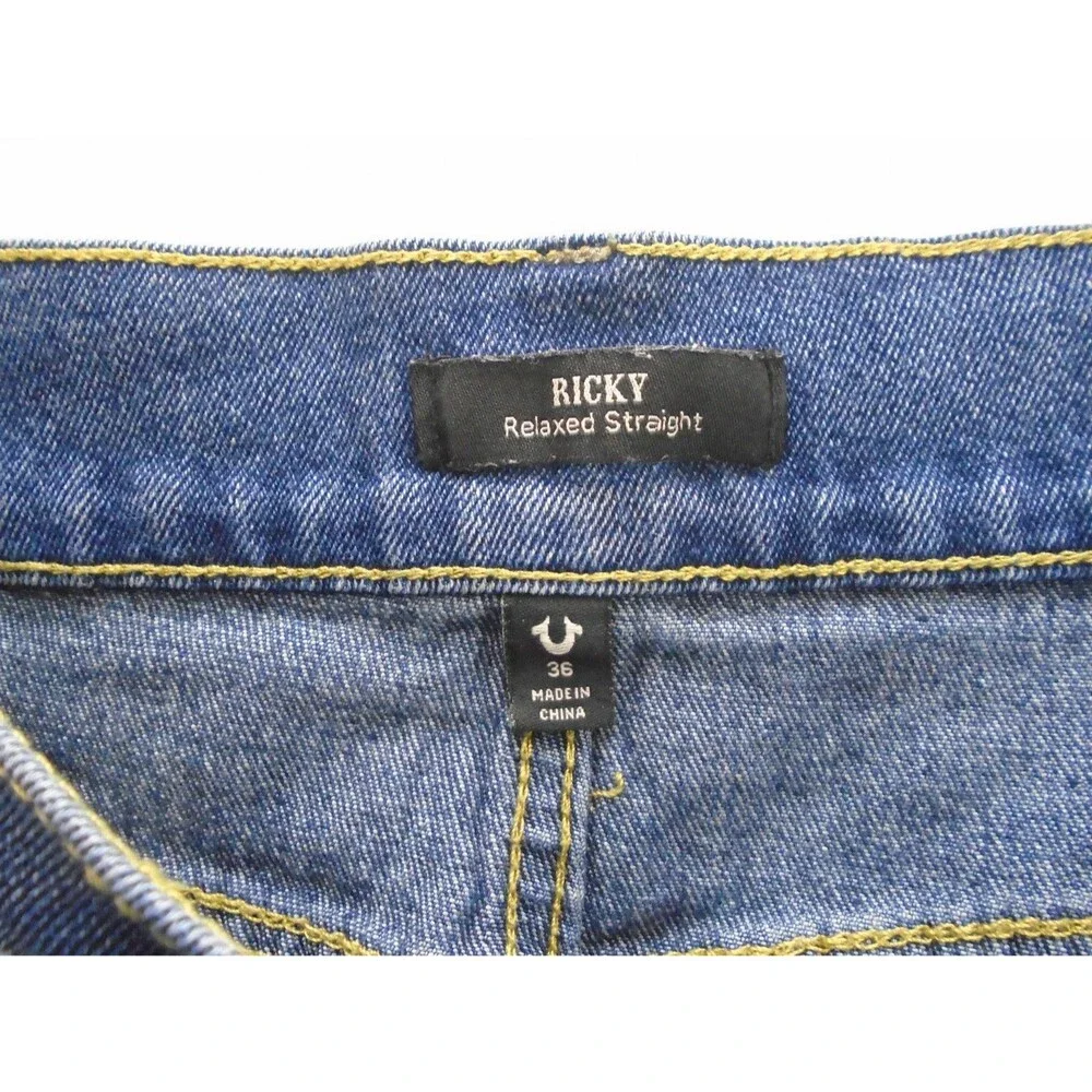 True Religion Ricky Jeans Men 36 Relaxed Straight Leg Med Wash Whiskered Stretch